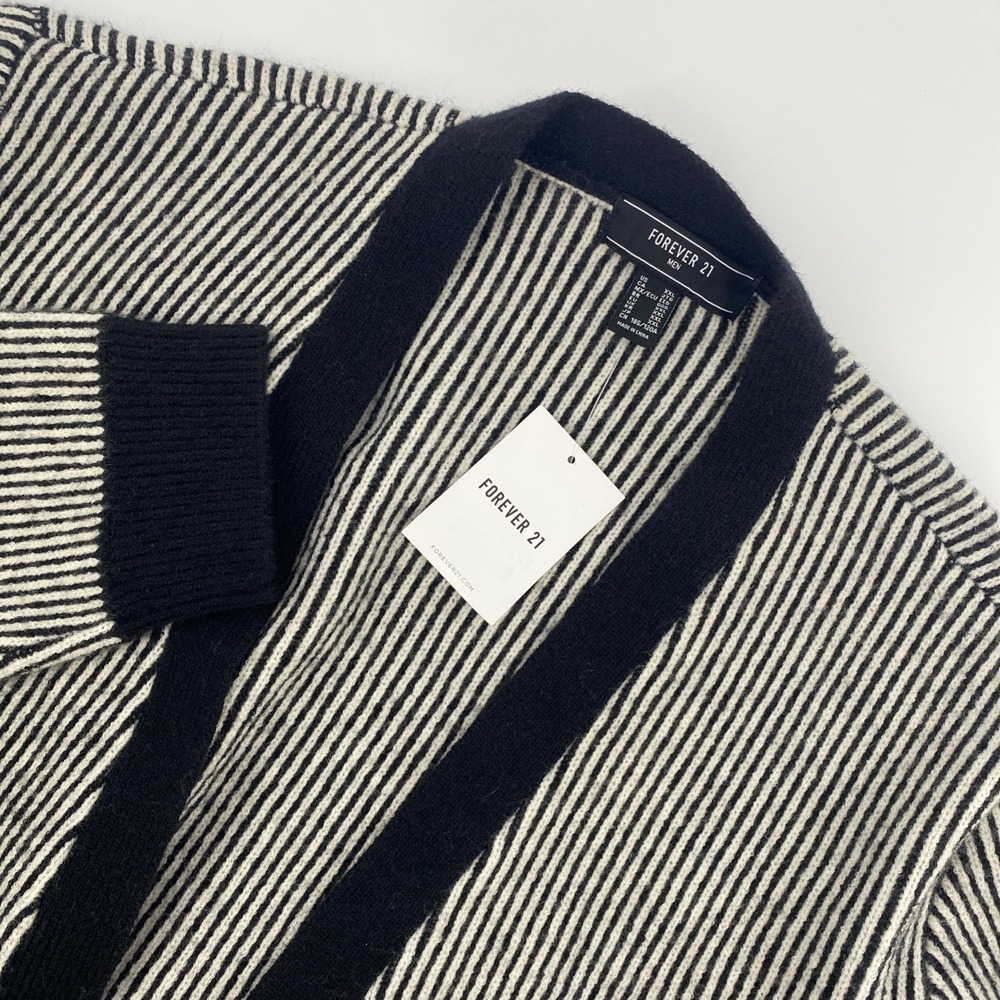 NEW Forever 21 Cardigan Men XXL Black Striped Sweater Open Front Oversized